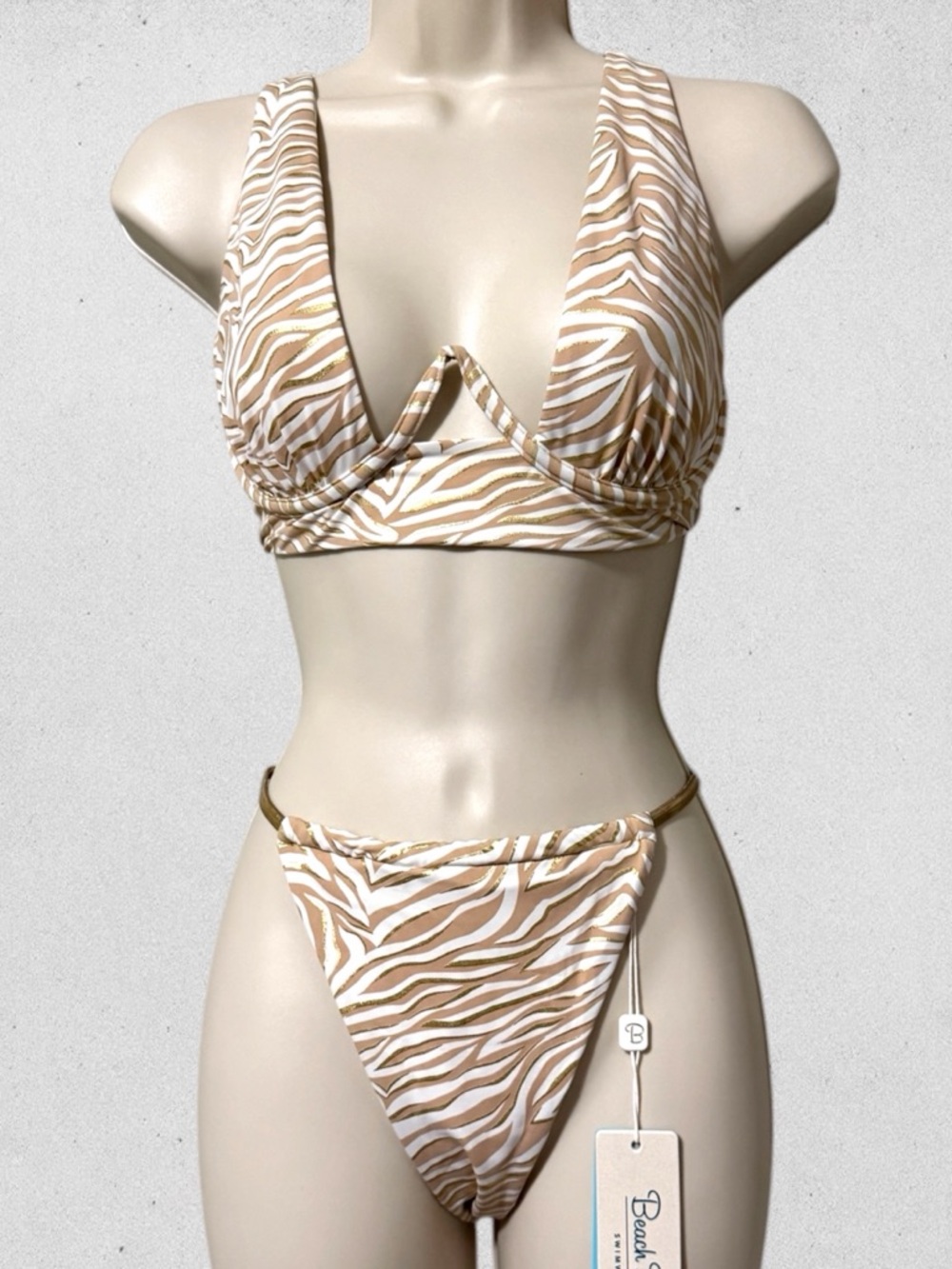 Beach Bunny M Beige Cream Gold Zebra V-Wire Bikini Set Hudson Abbie New